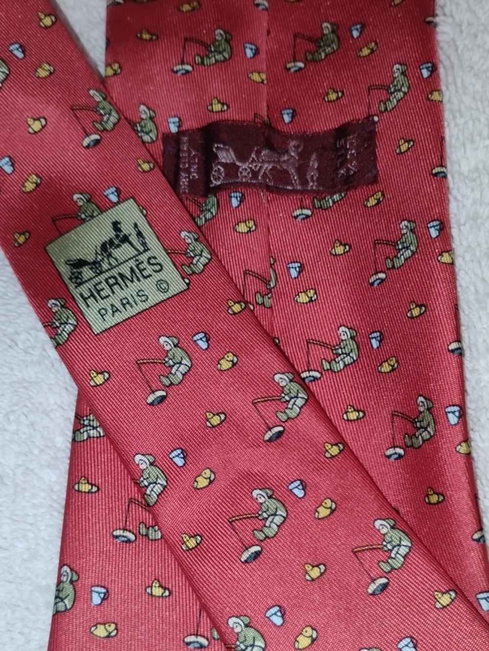 Hermes Coral Red Silk Tie with Fisherman and Buoy Motif